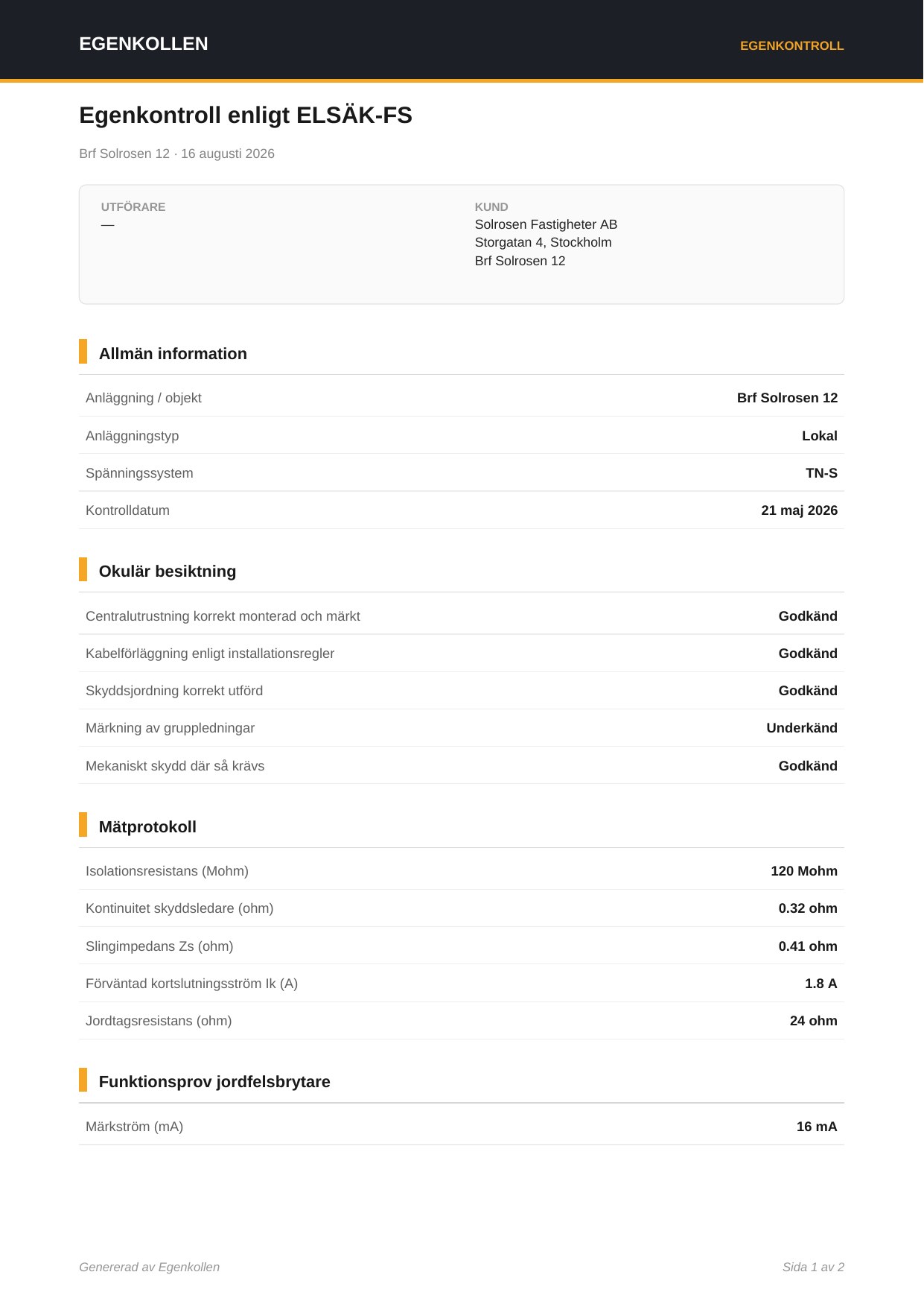 Färdig egenkontroll som PDF med kontrollpunkter, mätvärden och avvikelse